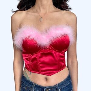 Elegant Red and Pink Feathered Bustier